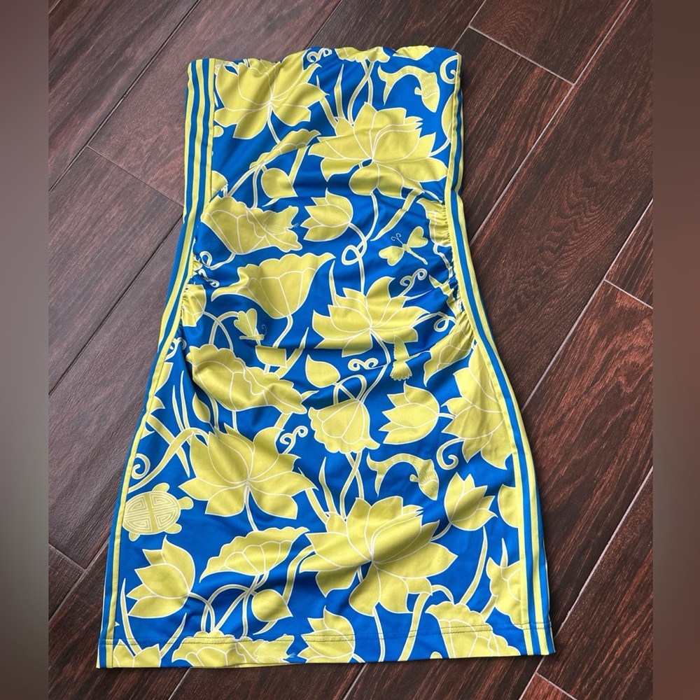 Gretchen Scott Designs Blue and Lime Floral Tube Top Dress with Side Ruching